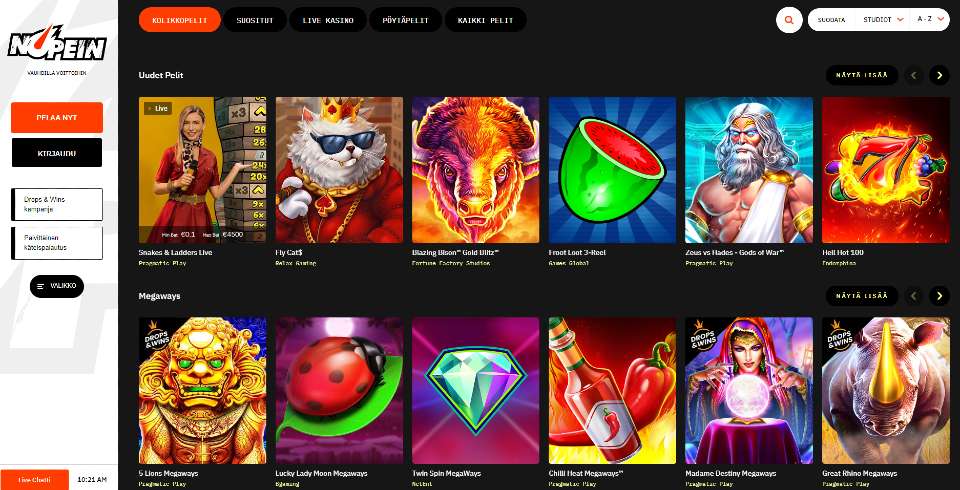 Kuvankaappaus Nopein Casinon peliaulasta, näkyvissä 12 peliautomaattia