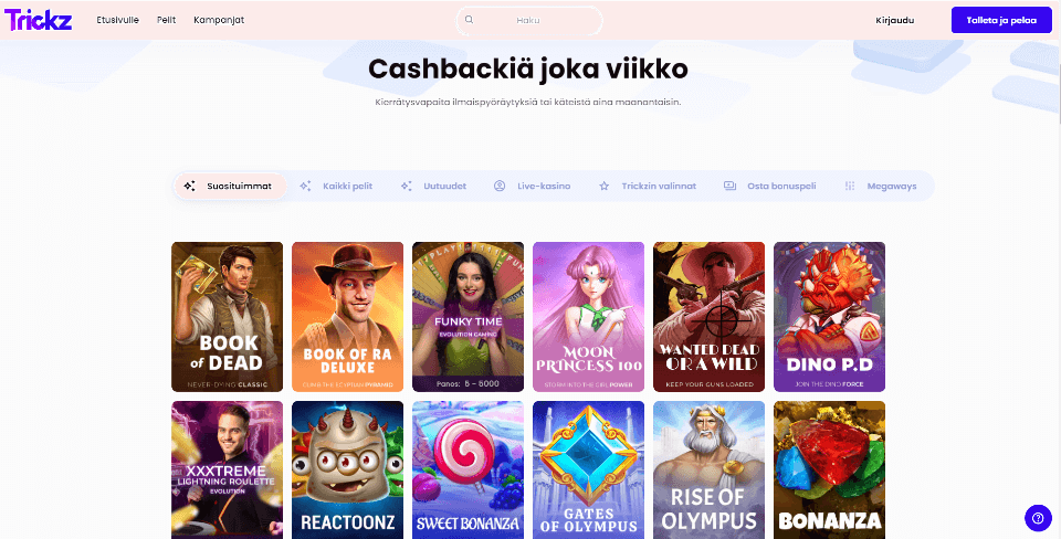 Kuvankaappaus Trickz Casinon etusivusta, näkyvissä cashback-tarjous, valikot ja 12 peliautomaattia