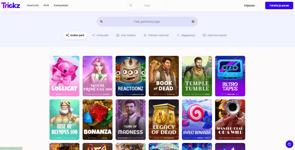 Kuvankaappaus Trickz Casinon peliaulasta, näkyvissä 12 suosittua peliautomaattia ja pelivalikot