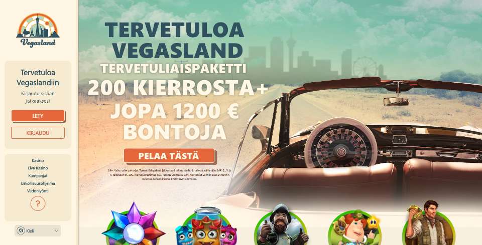 Kuvankaappaus Vegasland Casinon etusivusta, näkyvissä tervetuliaisbonus, auto ja taustalla häämöttävä Las Vegas