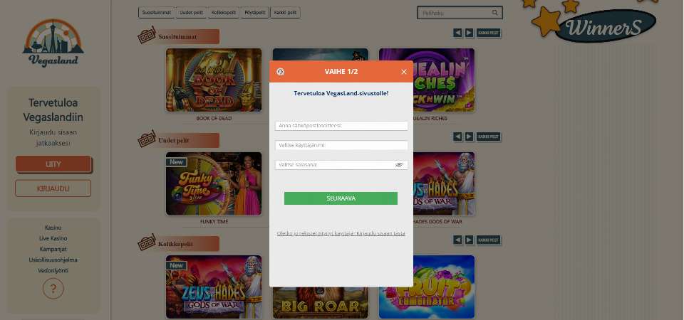 Kuvankaappaus Vegasland Casinolle kirjautumisesta, näkyvissä rekisteröitymislomakkeen osa 1/2