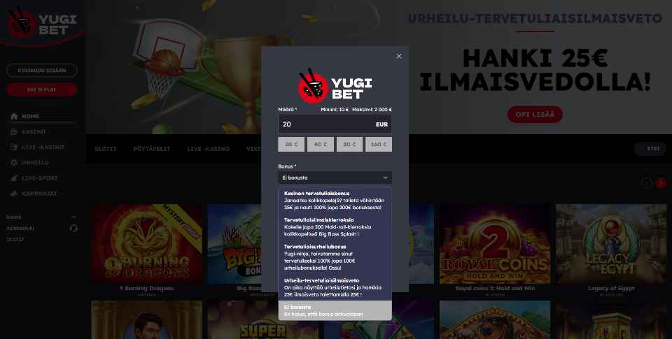 Kuvankaappaus Yugibet Casinolle rekisteröitymisestä Pay N Play -talletuksella, näkyvissä talletusikkuna, jossa valittavissa eri tervetuliaisbonukset