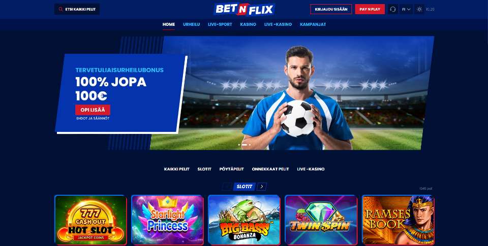 Kuvankaappaus BetnFlix Casinon etusivusta, näkyvissä vedonlyönnin bonus, jalkapalloilija pallon kanssa sekä 5 peliautomaattia