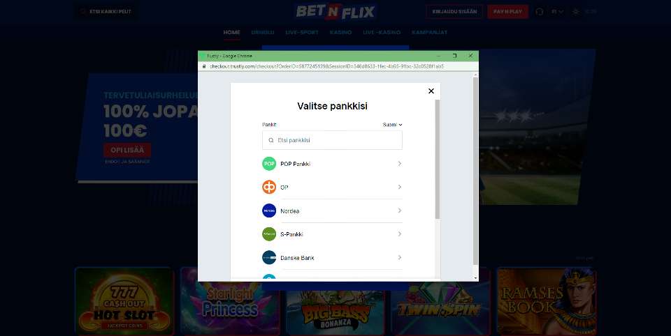 Kuvankaappaus BetnFlix Casinon talletusikkunasta, näkyvissä 5:n suomalaispankin logot
