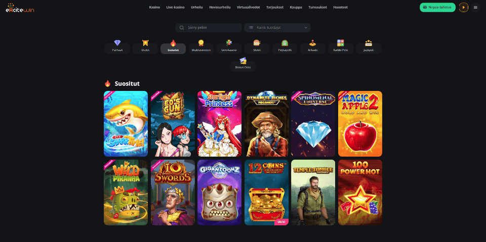Kuvankaappaus Excitewin Casinon peliaulasta, näkyvissä 12 eri peliautomaattia