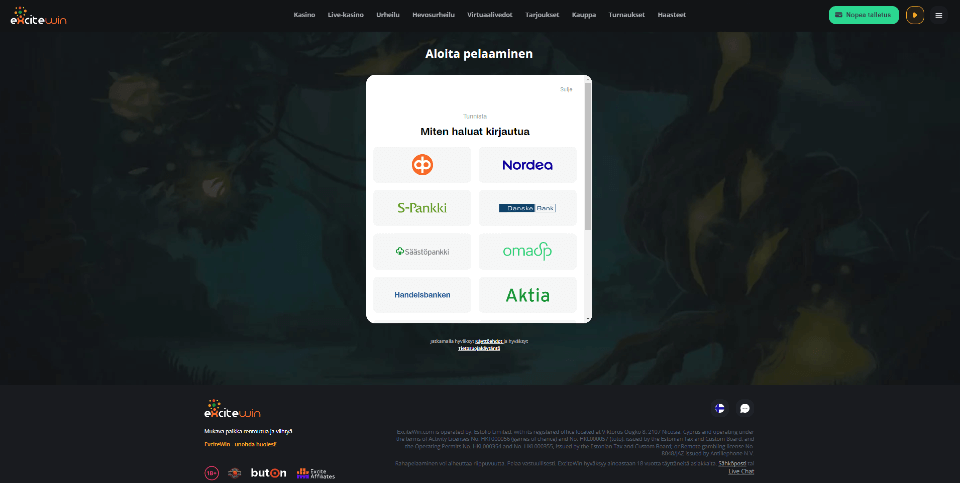 Kuvankaappaus Excitewin Casinon talletusikkunasta, näkyvissä 8 eri pankin logoa