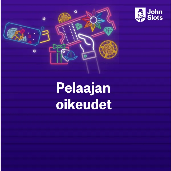JohnSlots-logo, käsi, jossa etukuponki, ympärillä lahja ja pelimerkkejä sekä teksti Pelaajan oikeudet violetilla taustalla