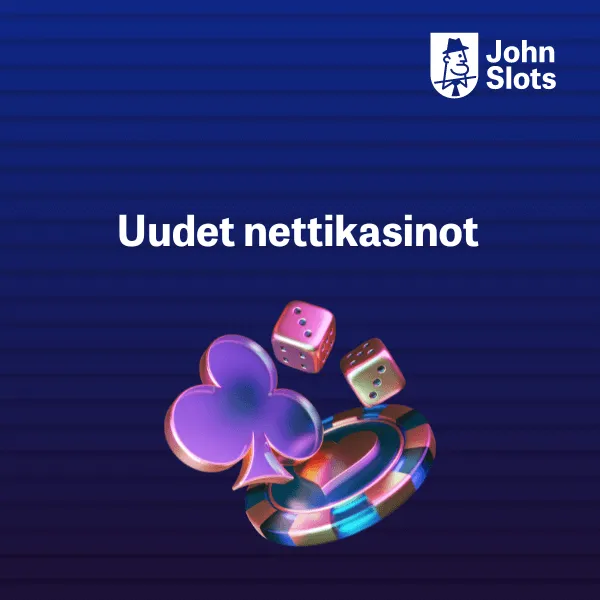 JohnSlots-logo, pelimerkki, nopat ja risti sekä teksti Uudet nettikasinot sinisellä taustalla