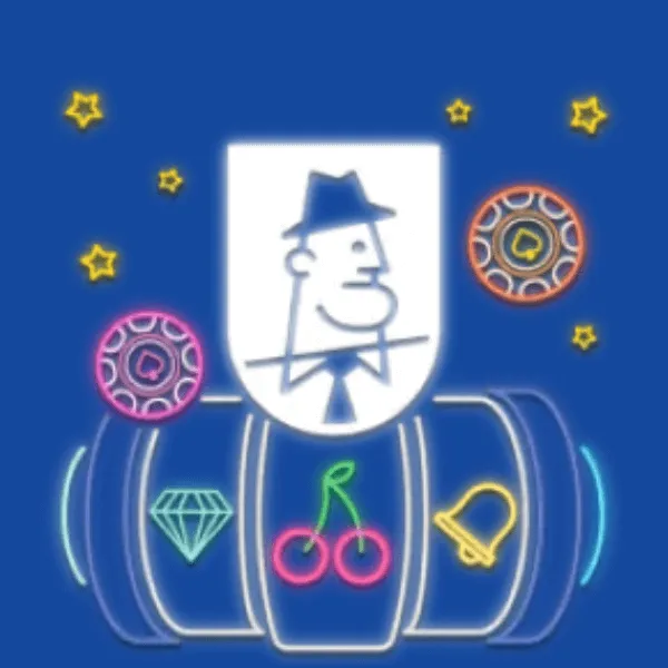 JohnSlots logo, peliautomaatti, tähtiä ja pelimerkkejä sinisellä taustalla