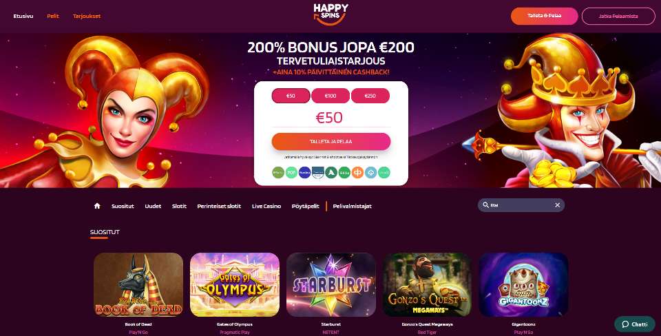 Kuvankaappaus Happy Spins casinon etusivusta, näkyvissä tervetuliaisbonus, 2 jokeria ja 5 peliä