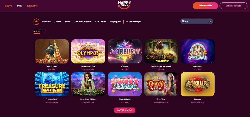 Kuvankaappaus Happy Spins casinon peliaulasta, näkyvissä pelivalikot ja 10 suosittua peliä