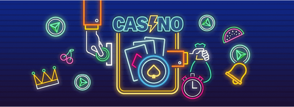 Lompakko, jonka sisällä pelimerkki ja pelikortteja, yläpuolella Casino-teksti, sivussa käsi, joka ojentaa rahasäkkiä sekä sekuntikello ja ympärillä Trustlyn logoja pelimerkeissä
