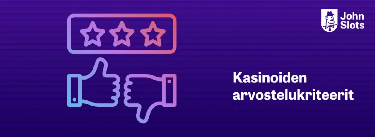 JohnSlots logo, teksti Kasinoiden arvostelukriteerit ja peukku ylös ja alas symboli ko,lmen tähden kanssa vuoletilla pohjalla