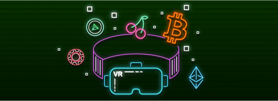 VR-lasit, Bitcoin, Ethereum ja Tron symbolit sekä pelimerkki ja kirsikat vihreällä pohjalla