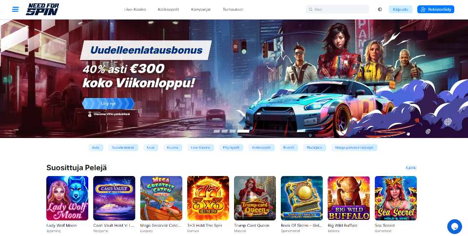 Kuvankaappaus Need For Spin Casinon etusivusta, näkyvissä bonusbanneri, valikko ja 8 peliä