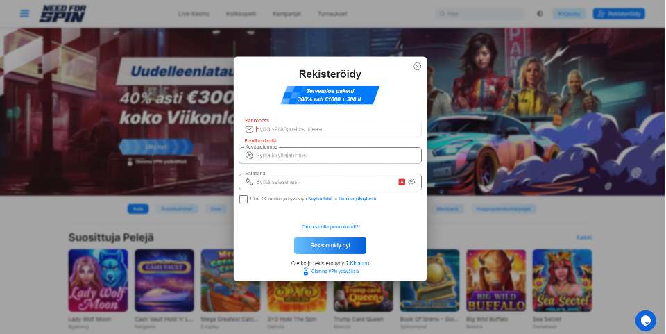 Kuvankaappaus Need For Spin Casinolle rekisteröitymisestä
