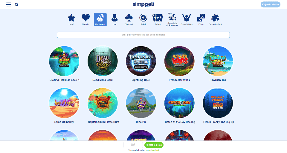 Kuvankaappaus Simppeli Casinon peleistä, näkyvissä peliaulan valikko ja 10 peliautomaattia