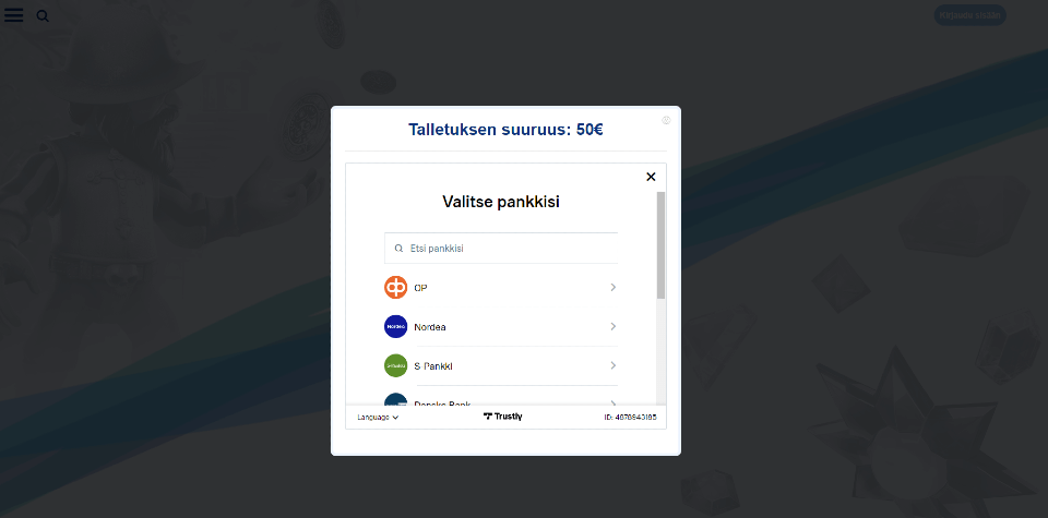 Kuvankaappaus Simppeli Casinolle tallettamisesta, näkyvissä 50 € talletus ja lista suomalaisista pankeista