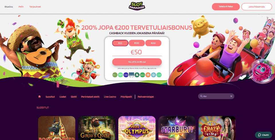 Kuvankaappaus SlotParadise Casinon etusivusta, näkyvissä tervetuliaisbonus ja talletusikkuna