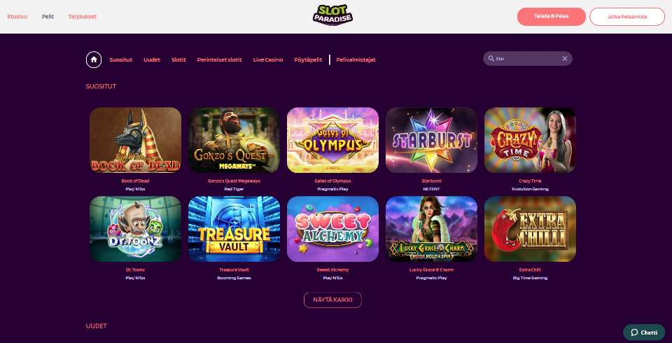 Kuvankaappaus SlotParadise Casinon peliaulasta, näkyvissä 10 peliautomaattia