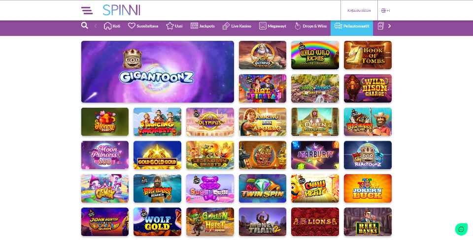 Kuvankaappaus Spinni Casinon peliaulasta, näkyvissä 31 peliautomaattia