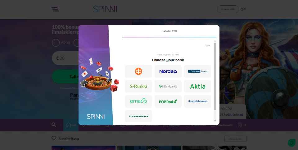 Kuvankaappaus Spinni Casinon talletusikkunasta, näkyvissä 10 eri pankin logot