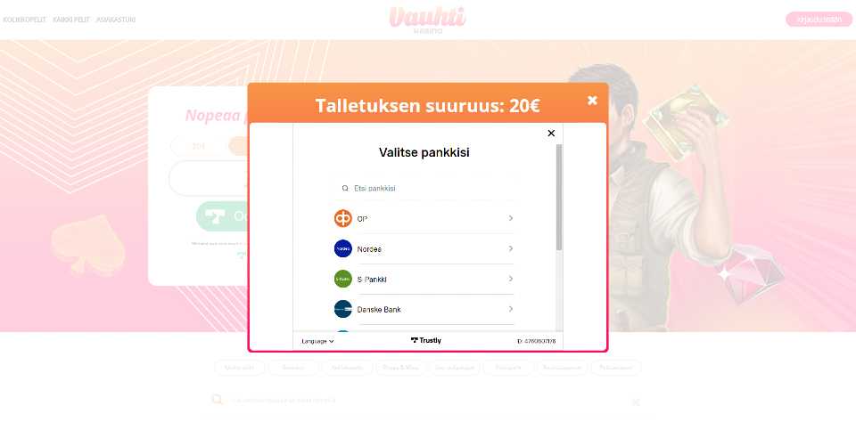 Kuvankaappaus Vauhti Casinon Pay N Play talletusikkunasta, näkyvissä 20 € talletus ja eri suomalaispankkien logot