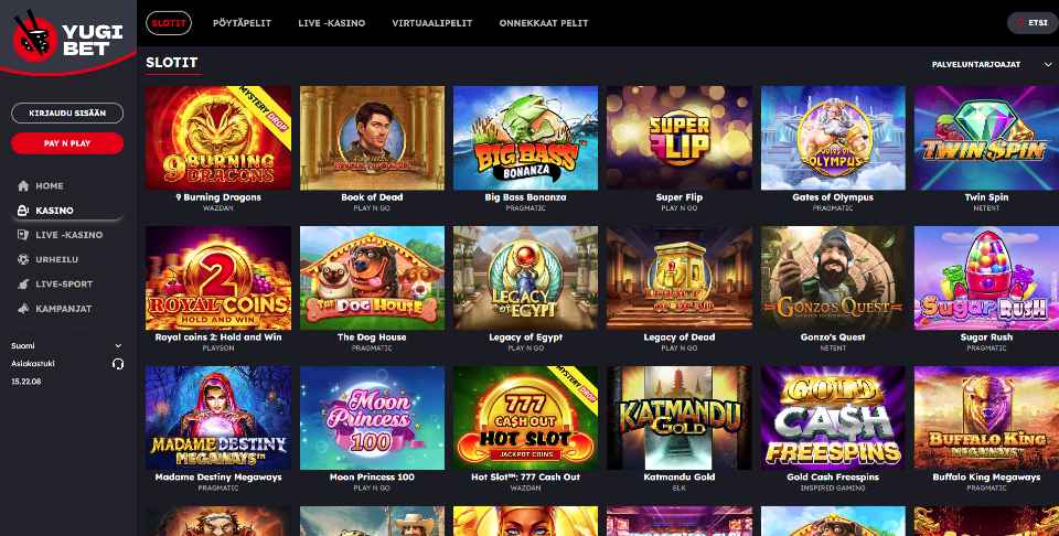 Kuvankaappaus Yugibet Casinon peliaulasta, näkyvissä pelivalikko ja 18 peliautomaatin kuvakkeet
