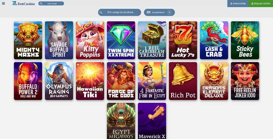 Kuvankaappaus Zen Casinon peliaulasta, näkyvissä pelisuodatin ja 18 peliautomaatin kuvakkeet