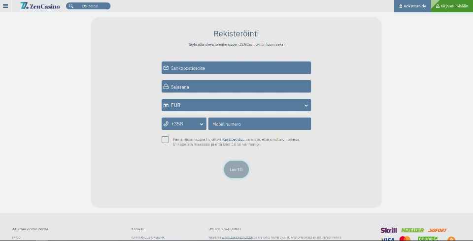 Kuvankaappaus Zen Casinolle rekisteröitymisestä, näkyvissä rekisteröitymislomake