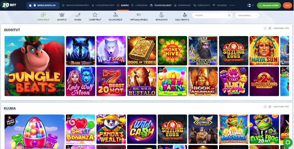 Kuvankaappaus 20Bet Casinon peliaulasta, näkyvissä valikot ja suosittuja ja kuumia peliautomaatteja