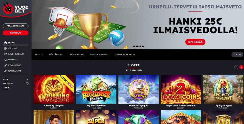 Kuvankaappaus Yugibet Casinon etusivusta, näkyvissä ilmaisveto-banneri, sivuvalikko ja kymmenen peliautomaattia
