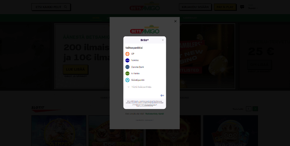 Kuvankaappaus Betsamigo Casinon talletusikkunasta, näkyvissä 5 pankkia ja Briten logo