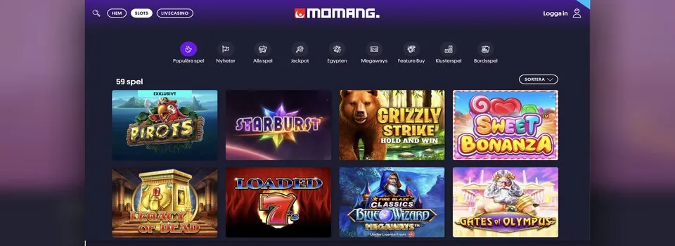 Utbud av spelautomater hos Momang Casino