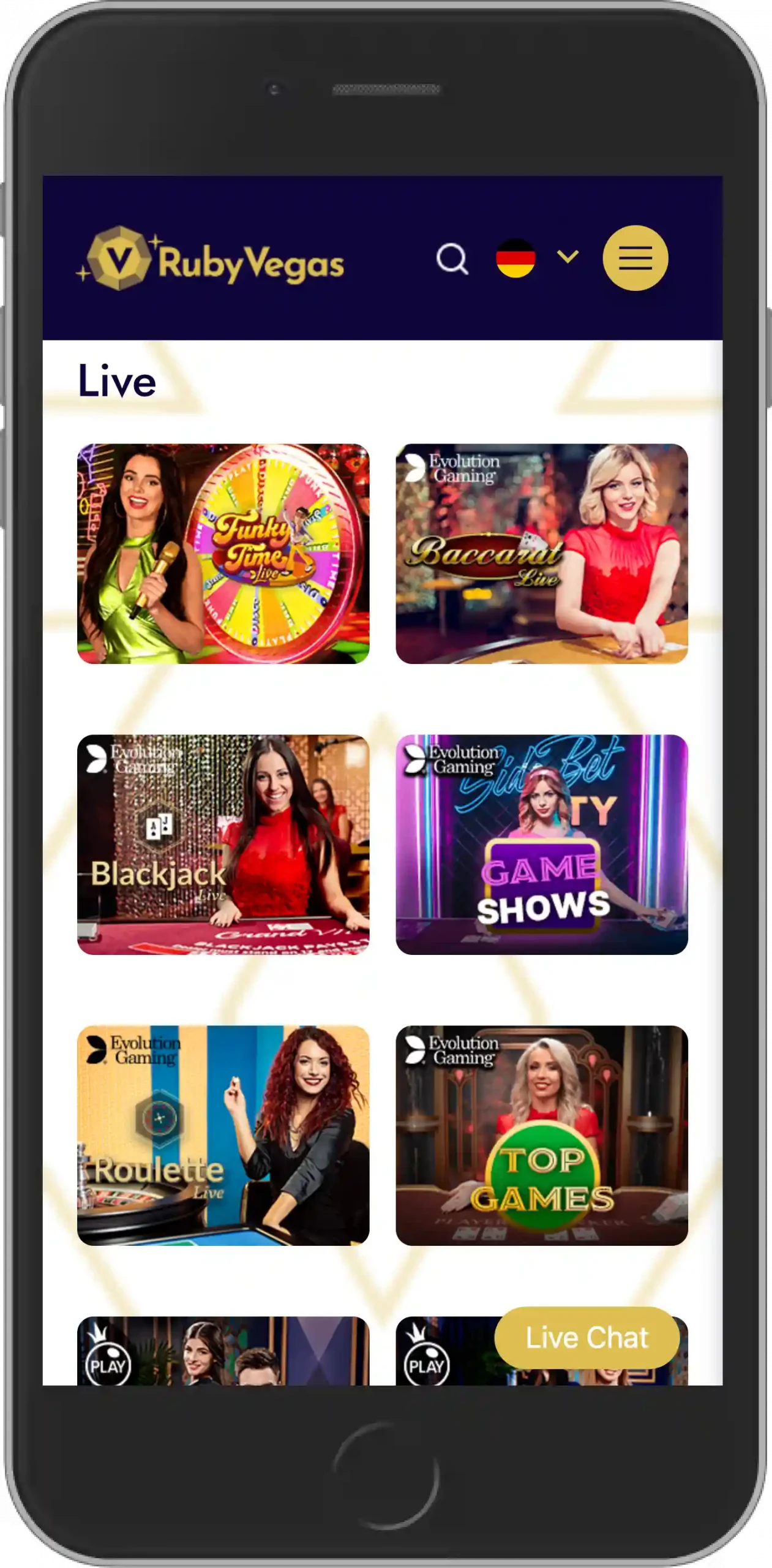 Ruby Vegas Live Casino - Mobile Ansicht