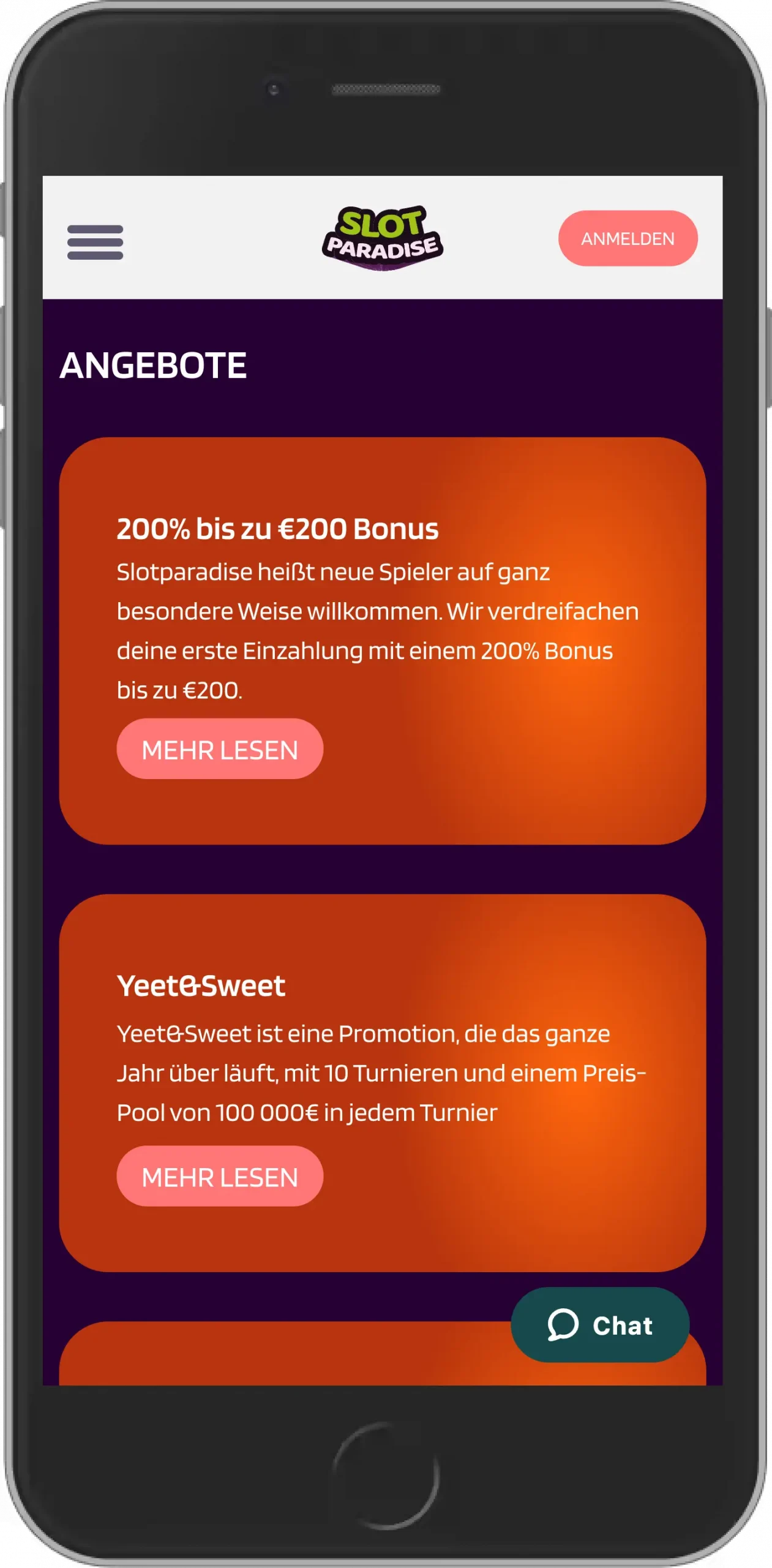 Slotparadise Bonus Angebote Übersicht - Mobile Ansicht