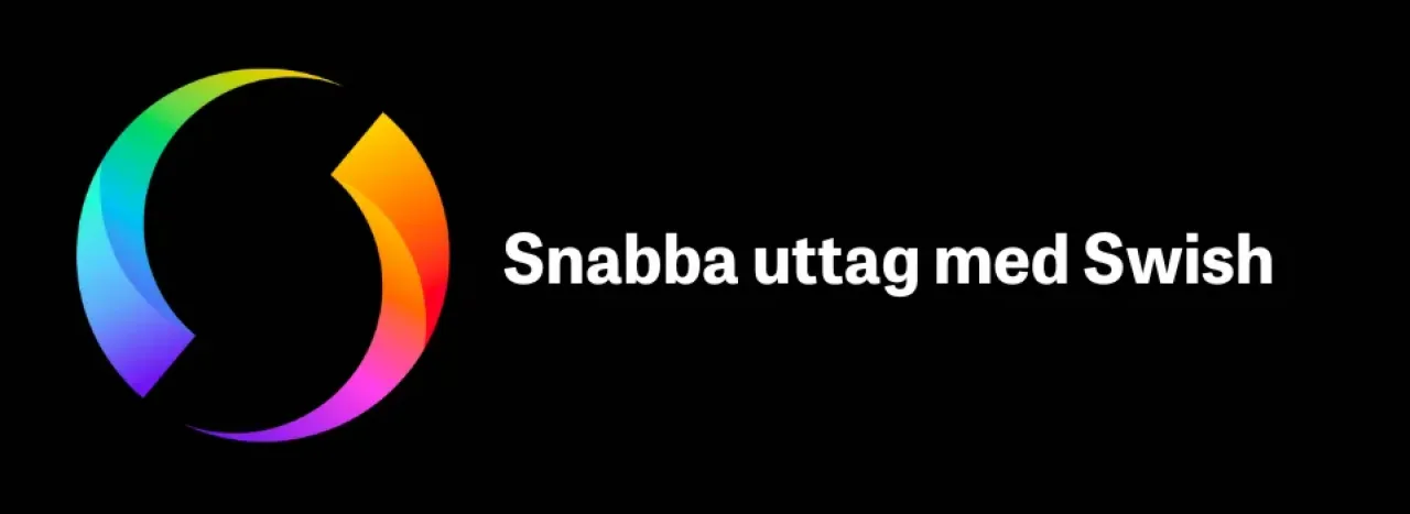Swish logo på en svart bakgrund med text