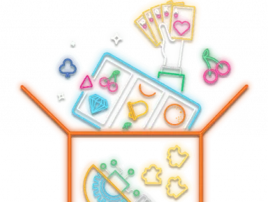 Pelinkehittäjälaatikko, josta nousee peliautomaatin kelat, symboleita ja käsi pitelemässä neljää pelikorttia