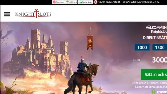 Slott i sten, riddare på en häst som håller i en röd flagga