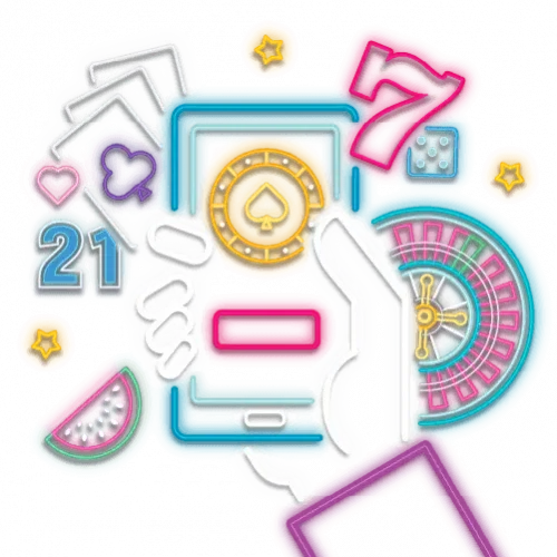 Kädessä älypuhelin, jonka ruudulla pelimerkki ja ympärillä rulettipyörä, noppa, pelikortteja ja peliautomaattien symboleita