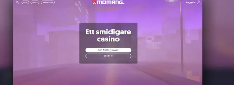 Momang casino hemsida med registreringsfönster på rosa bakgrund