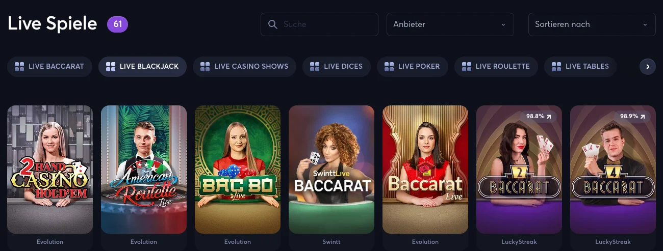 Blazzio Live Casino Spiele