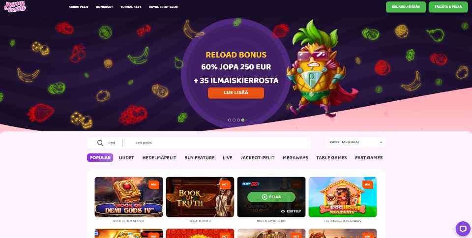 Kuvankaappaus Berry Casinon etusivusta, näkyvissä tervetuliaisbonus, ananashahmo marjasymboleiden täyttämällä taustalla, valikot ja 4 peliautomaatin kuvakkeet