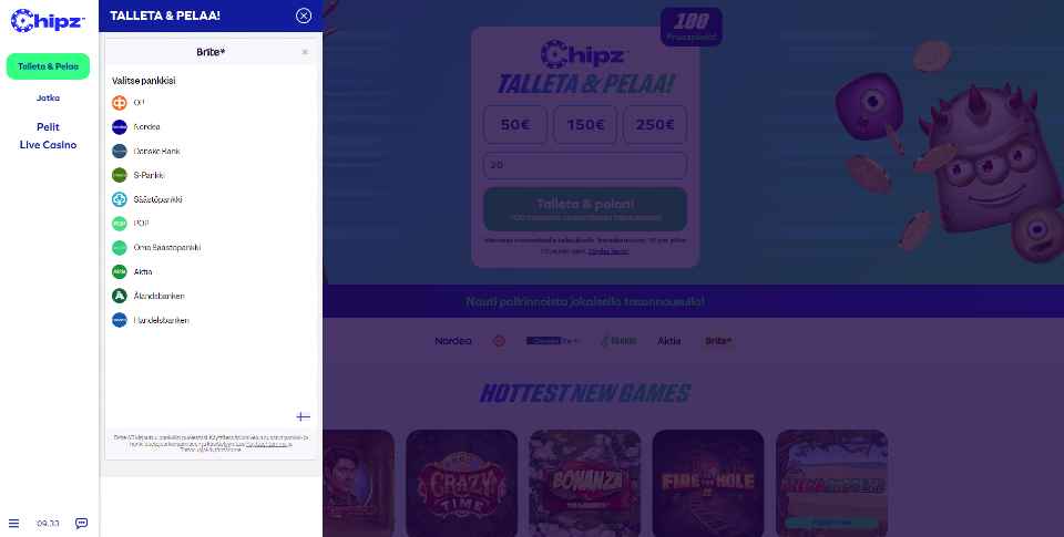 Kuvankaappaus Chipz Casinon Pay N Play talletusikkunasta, näkyvissä Briten logo ja 10 pankin logot