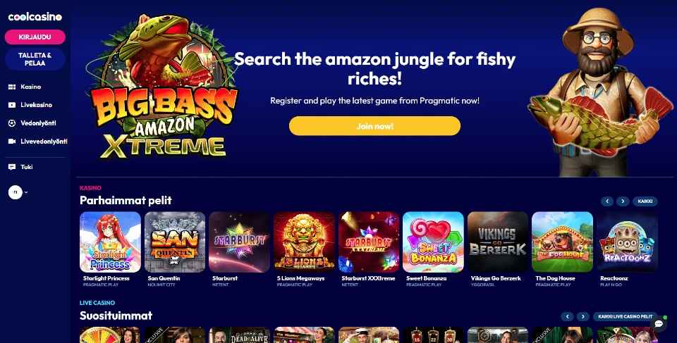 Kuvankaappaus Cool Casinon etusivusta näkyvissä Big Bass Amazon Xtreme -pelin banneri, valikot ja parhaimmat peliautomaatit