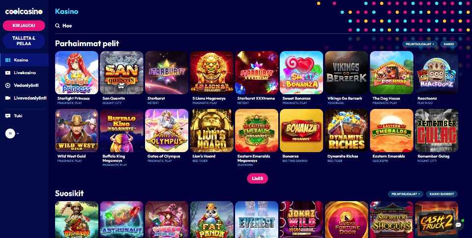 Kuvankaappaus Cool Casinon peliaulasta, näkyvissä valikot ja 27 peliautomaatin kuvakkeet