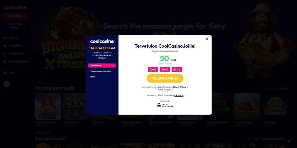 Kuvankaappaus Cool Casinon Pay N Play -talletuksesta, näkyvissä 50 € talletus