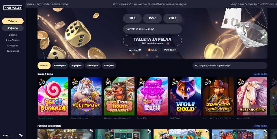 Kuvankaappaus Highroller Casinon etusivusta, näkyvissä Pay N Play -talletusikkuna, valikot ja peliautomaattien kuvakkeita