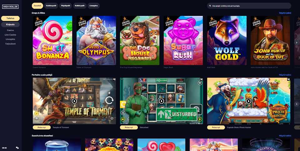 Kuvankaappaus Highroller Casinon peliaulasta, näkyvissä 9 peliautomaatin kuvakkeet ja pelivalikot