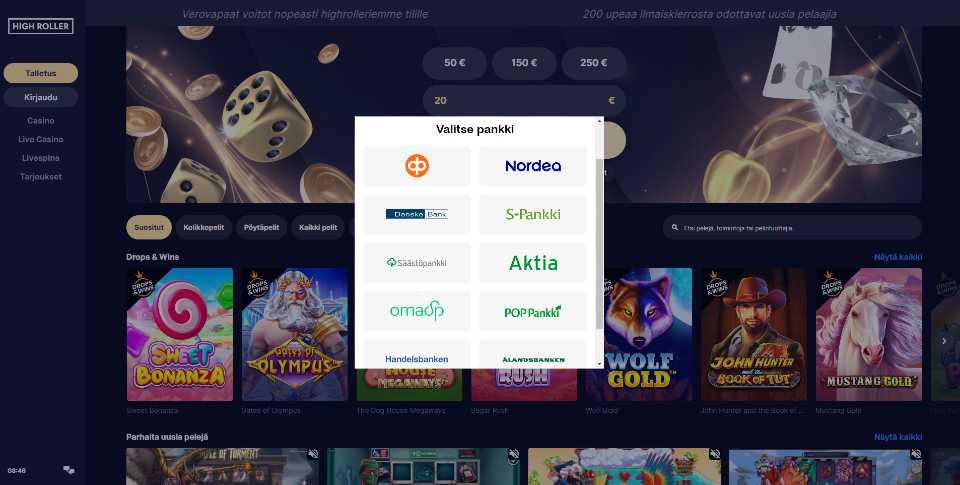 Kuvankaappaus Highroller Casinolle tallettamisesta, näkyvissä talletusikkuna ja 10 eri pankin logot sekä taustalla kasinon pelejä